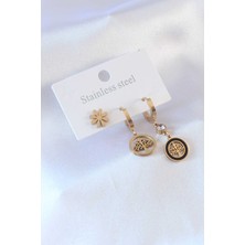 DMR Elegance 316L Çelik Gold Renk Ağaç Model Çiçek Detay Zirkon Taşlı Kadın Küpe