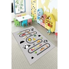 Kazan Hobi Pelangi Gri Trafik Yollu ve Fiğürlü Yıkanabilir Kaymaz Taban Leke Tutmazbebek ve Çocuk Odası Halısı, Gri-Siyah 80 x 600, 90135707980600