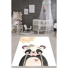 Kazan Hobi Pelangi Beyaz Zemin Güneş ve Sevimli Panda Yıkanabilir Kaymaz Taban Leke Tutmaz Çocuk Odası Halısı, Turuncu-Siyah-Beyaz 100 x 250, 7642012310025005