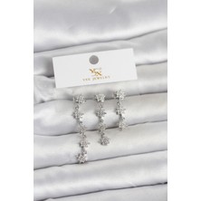 DMR Elegance Pirinç Gümüş Renk Sıralı Kutup Yıldızı Model 3'lü Kadın Küpe