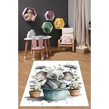 Kazan Hobi Pelangi Çiçekli Bebek Fil Dijital Baskı Yıkanabilir Kaymaz Taban Leke Tutmaz Çocuk Odası Halısı, Gri-Beyaz-Mavi 100 x 200, 7642014710020005