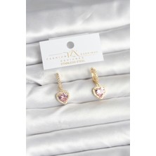 DMR Elegance Pirinç Gold Pembe Renk Zirkon Taşlı Kalp Model Kadın Küpe