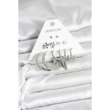 DMR Elegance Pirinç Gümüş Renk 6 Çift Kadın Küpe Seti