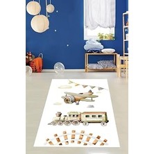 Kazan Hobi Pelangi Uçak ve Tren Desenli Pastel Renkli Yıkanabilir Kaymaz Taban Leke Tutmaz Çocuk Odası Halısı, Beyaz-Yeşil-Kahverengi 100 x 400, 764205610040005