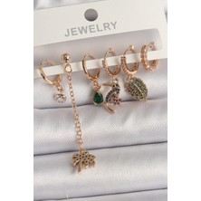 DMR Elegance Pirinç Gold Renk Sallantı Zirkon Taşlı Ağaç Figür Kadın Küpe Seti