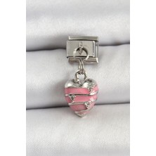 DMR Elegance 316L Çelik Gümüş Renk Pembe Kalp Model Nomination Charm