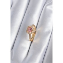 DMR Elegance Pirinç Gold Renk Pembe Zirkon Taş Kalp Charm Model Kadın Yüzük