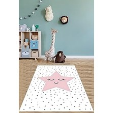 Kazan Hobi Pelangi Kirpik Desen Pembe Yıldız Yıkanabilir Kaymaz Taban Leke Tutmaz Çocuk Odası Halısı, Beyaz-Gri-Pembe 80 x 400