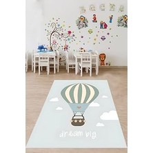 Kazan Hobi Pelangi Bulut ve Uçan Balon Temalı Yıkanabilir Kaymaz Taban Leke Tutmaz Çocuk Odası Halısı, Mavi 80 x 600