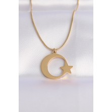 DMR Elegance 316L Çelik Zincir Gold Renk Ay Yıldız Unisex Kolye