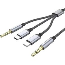 Kazan Hobi Pdateknoloji 3in1 Type-C, Lightning ile Uyumlu To 3.5mm Örgülü Aux Kablosu 1m MT2811 (Tak Çalıştır)
