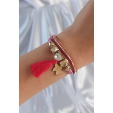 DMR Elegance Pembe Renk Zirkon Taşlı Püskül Detay Deri Çoklu Bileklik