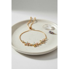 DMR Elegance Pirinç Gold Renk Çiçekli Model Zirkon Taşlı Asansörlü Bileklik