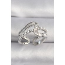 DMR Elegance Pirinç Gümüş Renk Zirkon Taşlı Inci Detay Vıp Seri Kadın Yüzük