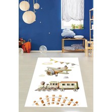 Kazan Hobi Pelangi Uçak ve Tren Desenli Pastel Renkli Yıkanabilir Kaymaz Taban Leke Tutmaz Çocuk Odası Halısı, Beyaz-Yeşil-Kahverengi 100 x 400, 764205610040005