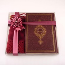 Kazan Hobi Hayrat Neşriyat Şal + Tesbih + Kuran Hediye Seti (Hafız Boy, Termo Deri, Bordo)