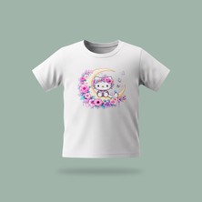 Çocuk Kitty Moon Desenli Baskılı Tişört %100 Pamuk Süprem Kumaş - Beyaz