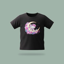 Çocuk Kitty Moon Desenli Baskılı Tişört %100 Pamuk Süprem Kumaş - Siyah