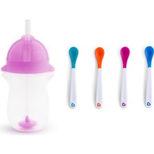 Munchkin Tıklama Kilitli Uçlu Pipetli Alıştırma Bardağı, 12AY+, 296ML, Mor ve Isı Göstergeli Yumuşak Uçlu Bebek Kaşıkları 2li Set