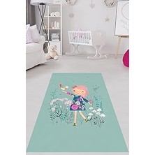Renas Store Pelangi Kızın Elindeki Kuş Bahar Desen Yıkanabilir Kaymaz Taban Leke Tutmaz Çocuk Odası Halısı, Yeşil 120 x 160