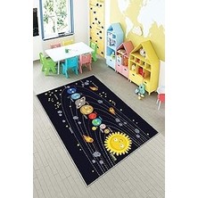 Renas Store Pelangi Siyah Gezegen Desenli Eğitici Yıkanabilir Kaymaz Taban Leke Tutmazbebek ve Çocuk Odası Halısı, Siyah 180 x 250, 901357029180250
