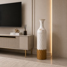 Vien Home Dekoratif Metal Yer Vazosu Seramik Görünümlü Beyaz Gold 84 cm