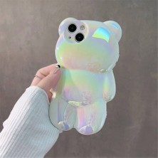 Aksesuarda iPhone 13 / 14 Uyumlu 3D Ayıcık Tasarımlı Holografik Parlak Telefon Kılıfı Işığa Göre Renk Değiştiren Koruyucu Kılıf