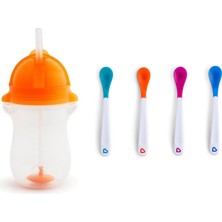 Munchkin Tıklama Kilitli Uçlu Pipetli Alıştırma Bardağı, 12AY+, 296ML, Turuncu ve Isı Göstergeli Yumuşak Uçlu Bebek Kaşıkları 2li Set
