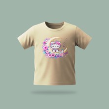 Çocuk Kitty Moon Desenli Baskılı Tişört %100 Pamuk Süprem Kumaş - Krem
