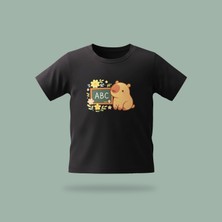 Çocuk Capybara Abc Desenli Baskılı Tişört %100 Pamuk Süprem Kumaş - Siyah