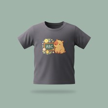 Çocuk Capybara Abc Desenli Baskılı Tişört %100 Pamuk Süprem Kumaş - Antrasit