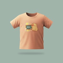 Çocuk Capybara Abc Desenli Baskılı Tişört %100 Pamuk Süprem Kumaş - Somon