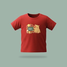 Çocuk Capybara Abc Desenli Baskılı Tişört %100 Pamuk Süprem Kumaş - Kırmızı