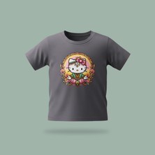 Çocuk Kitty Yoga Desenli Baskılı Tişört %100 Pamuk Süprem Kumaş - Antrasit