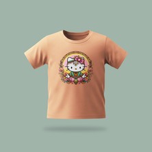 Çocuk Kitty Yoga Desenli Baskılı Tişört %100 Pamuk Süprem Kumaş - Somon
