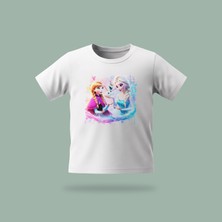 Çocuk Elsa Karlar Kraliçesi Frozen With Olaf Desenli Baskılı Tişört %100 Pamuk Süprem Kumaş - Beyaz