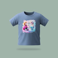 Çocuk Elsa Karlar Kraliçesi Frozen With Olaf Desenli Baskılı Tişört %100 Pamuk Süprem Kumaş - Mavi