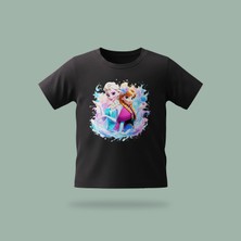 Çocuk Elsa Karlar Kraliçesi Frozen Buz Çiçekleri Desenli Baskılı Tişört %100 Pamuk Süprem Kumaş - Siyah