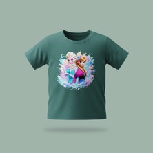 Çocuk Elsa Karlar Kraliçesi Frozen Buz Çiçekleri Desenli Baskılı Tişört %100 Pamuk Süprem Kumaş - Yeşil