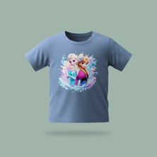 Çocuk Elsa Karlar Kraliçesi Frozen Buz Çiçekleri Desenli Baskılı Tişört %100 Pamuk Süprem Kumaş - Mavi