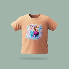 Çocuk Elsa Karlar Kraliçesi Frozen Buz Çiçekleri Desenli Baskılı Tişört %100 Pamuk Süprem Kumaş - Somon