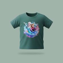Çocuk Elsa Karlar Kraliçesi Frozen Sihirli Buz Dalgası Desenli Baskılı Tişört %100 Pamuk Süprem Kumaş - Yeşil