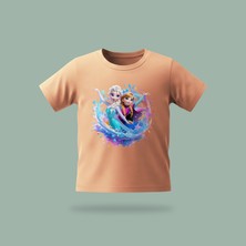 Çocuk Elsa Karlar Kraliçesi Frozen Sihirli Buz Dalgası Desenli Baskılı Tişört %100 Pamuk Süprem Kumaş - Somon