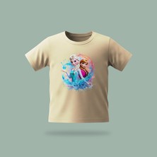 Çocuk Elsa Karlar Kraliçesi Frozen Kristal Su Büyüsü Desenli Baskılı Tişört %100 Pamuk Süprem Kumaş - Krem