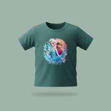 Çocuk Elsa Karlar Kraliçesi Frozen Kristal Su Büyüsü Desenli Baskılı Tişört %100 Pamuk Süprem Kumaş - Yeşil