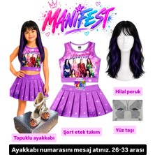 Bemora Kids Manifest Mor Etek Bluz Alt Üst 2 Li Takım Şort Etek Takım Manifest Hilal Peruk - Yüz Taşı Seti - Manifest Topuklu Ayakkabı Parti Konser Doğum Günü Plaj Giyim