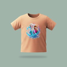 Çocuk Elsa Karlar Kraliçesi Frozen Kristal Su Büyüsü Desenli Baskılı Tişört %100 Pamuk Süprem Kumaş - Somon