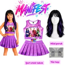 Bemora Kids Manifest Mor Etek Bluz Alt Üst 2 Li Takım Şort Etek Kız Çocuk Alt Üst Takım Manifest Hilal Peruk - Yüz Taşı Seti Parti Konser Doğum Günü Plaj Giyim