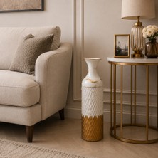 Vien Home Dekoratif Metal Yer Vazosu Seramik Görünümlü Beyaz Gold 50 cm