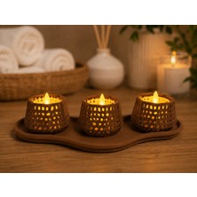 Alvera Dekoratif Mumluk Seti – Desenli Tealight ve Masaüstü Aydınlatma Objesi - Kahverengi